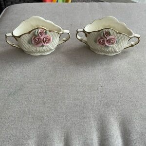 Vintage Planter Cream Green Pink Gold Cappadimonte Handles Raised Flowers Set 2